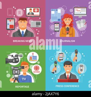 Press concept icons set with breaking news reportage and press conference symbols flat isolated vector illustration Stock Vector