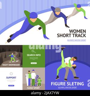 Winter sport flat icons set with short track figure skating snowboard isolated vector illustration Stock Vector