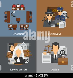 Law design concept set with punishment flat icons isolated vector illustration Stock Vector