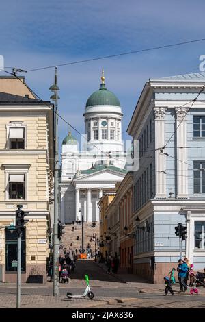 Helsingin tuomiokirkko or Helsinki Cathedral at the end of Sofiankatu in Helsinki, Finland Stock Photo