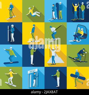 Color ski resort  icons collection with people in sports clothes with skis and snowboards isolated vector illustration Stock Vector