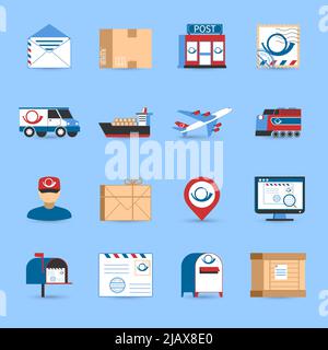 Post icons set with plane train and truck transportation symbols on blue background flat isolated vector illustration Stock Vector