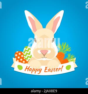 Rabbit easter label with ribbon decorative eggs and carrots vector illustration Stock Vector