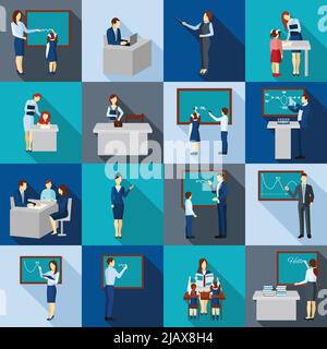 Color shadows  icons set with  teacher and children on lesson in class isolated vector illustration Stock Vector