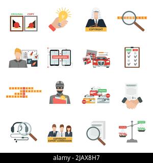 Criminal copyright law compliance and intellectual property piracy theft penalties flat icons collection abstract isolated vector illustration Stock Vector
