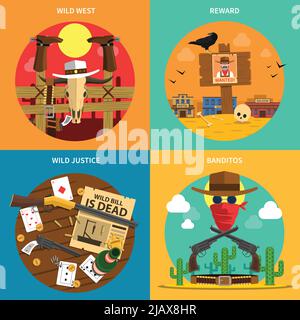 Cowboy design concept set with wild west flat icons isolated vector illustration Stock Vector