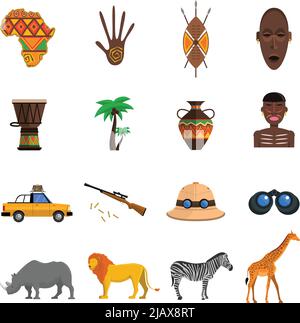 Safari flat icons set with african animals and hunting equipment isolated vector illustration Stock Vector