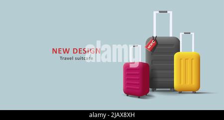 Travel suitcase 3d illustration, render style luggage bags of different suze. Vector illustration Stock Vector