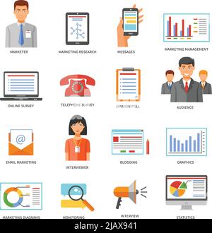 Collection of marketing colored signed icons with white background for blog performance web site design isolated vector illustration Stock Vector