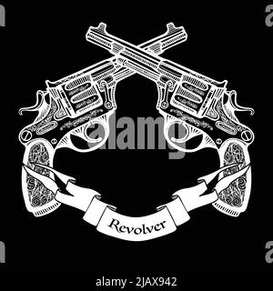 Hand drawn white  crossed pistols in vintage style with ribbon on black background   vector illustration Stock Vector