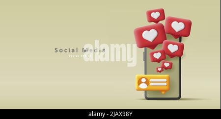 3d illustration of a smartphone with likes as hearts bubbles and chat message. Vector illustration Stock Vector