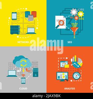Cloud analyzes and searching engine optimization data analytics network 4 flat icons square composition banner isolated vector illustration Stock Vector