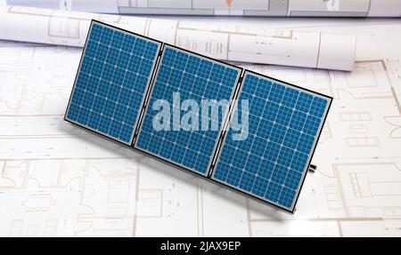 Solar energy. Energy efficient building construction, green renewable alternative power source. Photovoltaic panels on house blueprint. 3d render Stock Photo