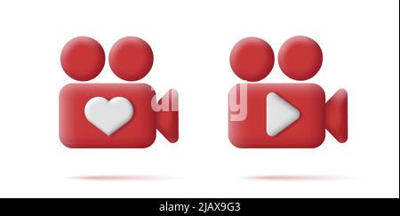 3d digital icon for cinematography with play an heart signs, retro movie camera symbol. Vector illustration Stock Vector