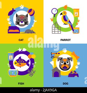 Flat veterinary design concept set of animals fish and birds decorative icons vector illustration Stock Vector