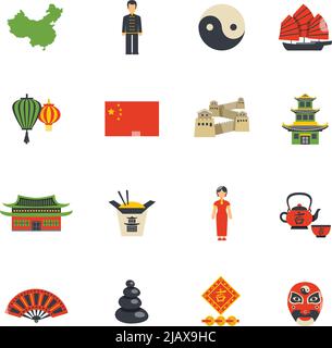 Chinese clothing historical landmarks and national symbols flat icons collection with yin yang  abstract isolated vector illustration Stock Vector