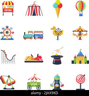 Flat color amusement park icons with roller coaster circus tent ferris wheel and airship isolated vector illustration Stock Vector