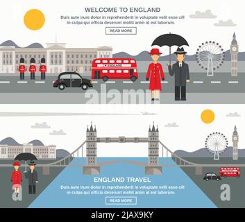 England culture weather traditions and sightseeing information for travelers 2 flat interactive banners webpage abstract isolated vector illustration Stock Vector