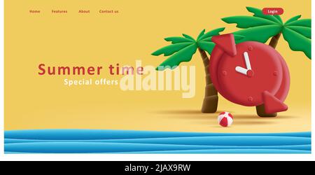 Summer time web banner with palms and clock watch. Vector illustration Stock Vector