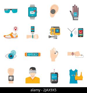 Wearable technology icons set with watch and health control symbols flat isolated vector illustration Stock Vector