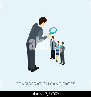 Choosing a candidate for a job concept with magnifying glass isometric vector illustration Stock Vector
