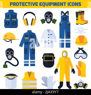 Protective uniform respiratory equipment flat icons collection for medical professionals and construction workers abstract isolated vector illustratio Stock Vector