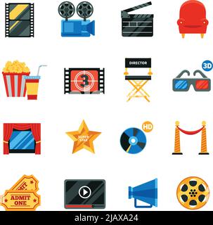 Decorative flat cinema  icons set with film festival symbols and collection of director chair 3d glasses popkorn cd disk free tickets isolated vector Stock Vector