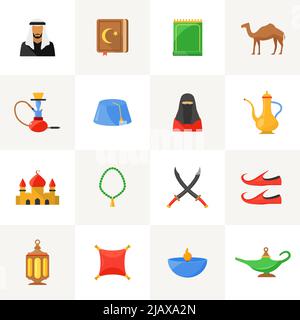 Arabic culture flat icons set with islamic symbols isolated vector illustration Stock Vector