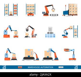 Warehouse robots for loading and unloading icons set flat isolated vector illustration Stock Vector