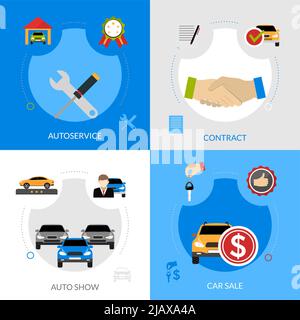 Car dealership flat icons composition of automobile sale autoservice buying contract and auto show square concept vector illustration Stock Vector