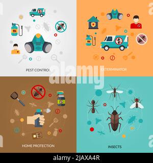Home pest control services 4 flat icons square composition for detecting exterminating insects and rodents abstract isolated vector illustration Stock Vector