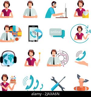 Customer support worldwide service flat icons set with helpdesk operator and technical assistance abstract isolated vector illustration Stock Vector