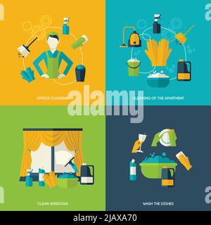 Cleaning design concept with office apartment windows dishes flat icons set isolated vector illustration Stock Vector