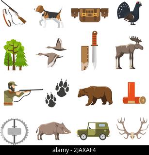 Flat color hunting icons set of wild animals and birds hunter with rifle jeep and bandolier isolated vector illustration Stock Vector