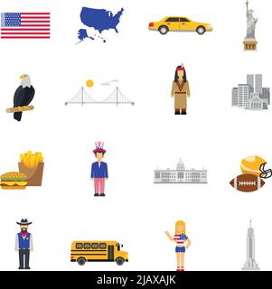 Symbols USA stars and stripes banner eagle national bird and liberty statue flat icons collection vector isolated illustration Stock Vector