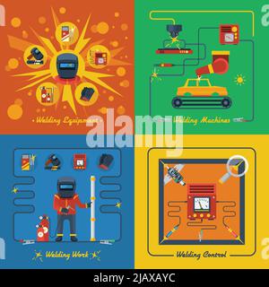 Welding 2x2 design concept set of welder equipment welding machines measuring and control instrument isolated vector illustration Stock Vector