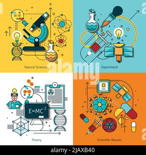 Science concept line icons set with theory and experiment symbols flat isolated vector illustration Stock Vector