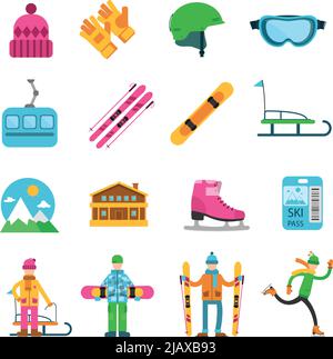 Winter sport flat icons set with ski skate and snowboard equipment isolated vector illustration Stock Vector