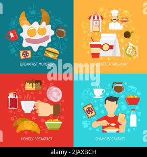 Breakfast concept icons set with champ and takeaway breakfast symbols flat isolated vector illustration Stock Vector