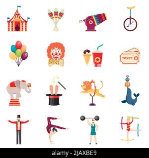 Circus performance flat color icons set with clown balloons tent acrobat and trained animals isolated vector illustration Stock Vector