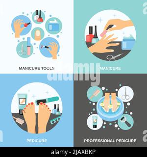 Professional manicure and pedicure procedure tools and accessories 4 flat icons square banner abstract isolated vector illustration Stock Vector