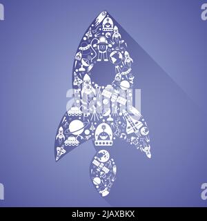 Space rocket spacecraft made of white cosmos science technology icons set vector illustration Stock Vector