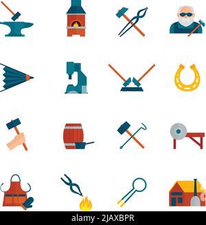 Blacksmith icon flat set with hammer blower fireplace horseshoe isolated vector illustration Stock Vector