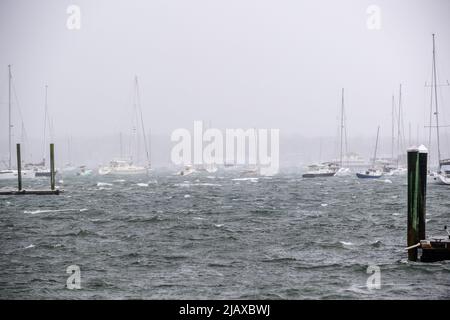 Stock photos of Tropical Storm Henri from 2021 hitting Newport, Rhode Island. View of sail boats and docks during a storm. Stock Photo