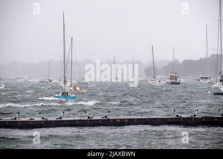 Stock photos of Tropical Storm Henri from 2021 hitting Newport, Rhode Island. View of sail boats and docks during a storm. Stock Photo