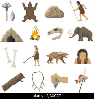 Set Of Items Of Primitive Man And Hunter. Weapons Of Caveman. Stone Age Club,  Fire And Animal Skull. Totem And Wand Of Shaman. Lifestyle And Tool.  Cartoon Illustration Royalty Free SVG, Cliparts