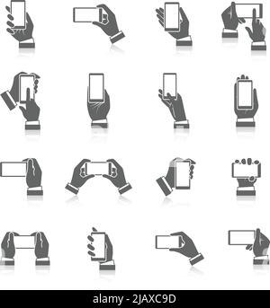 Human hands holding mobile phone devices black icons set isolated vector illustration Stock Vector