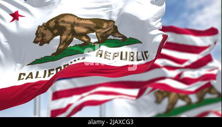 Two California state flags flying along with the national flag of the United States of America. In the background there is a clear sky. The flag depic Stock Photo