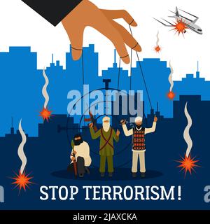 Stop terrorism concept with city plane and  puppet terrorists flat vector illustration Stock Vector