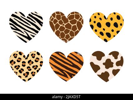 Vector set of hearts with animal fur prints isolated on white background Stock Vector
